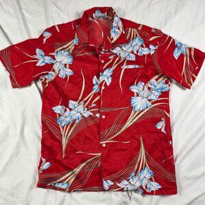 Vintage Waltah Clarks Mens Large Red Blue Floral Button Up Hawaiian Shirt Casual